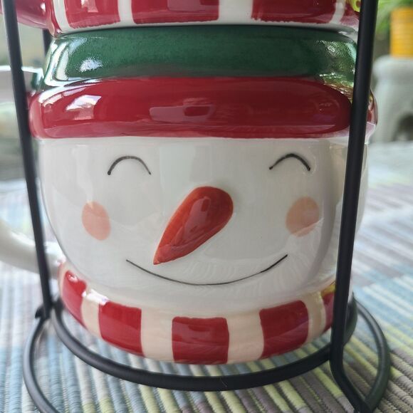 Holiday Time Santa Snowman & Reindeer Mix Stackable Stoneware Mug Set Metal Rack - Picture 5 of 10